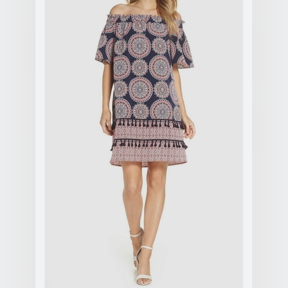 Maggy London Dresses & Skirts - #956 Maggy London Off- Shoulder Navy & Coral Tassled Dress  sz. 8